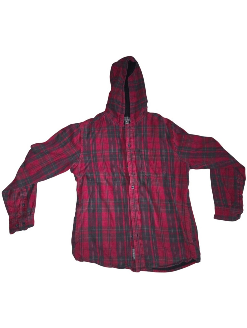Red Plaid Hooded Button-Up Shirt